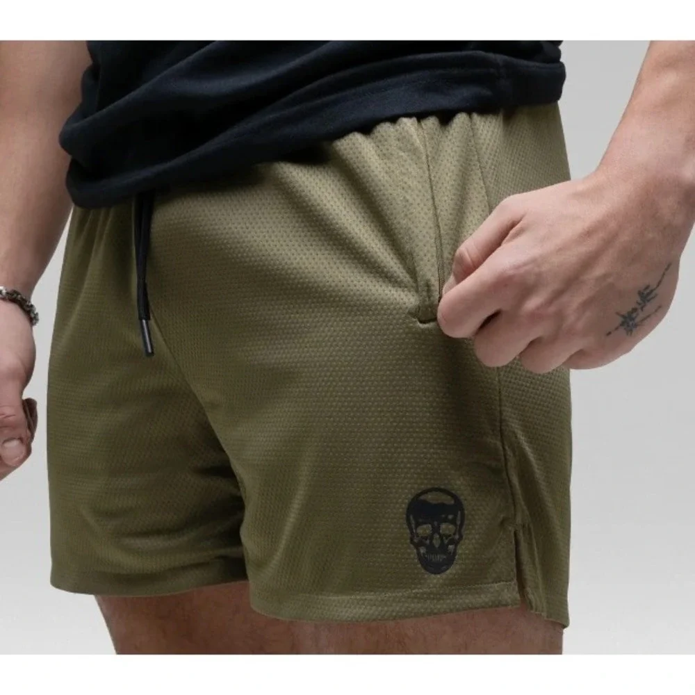 Gymreapers Mesh Shorts Mens L Core Skull Graphic Olive Green Activewear NEW